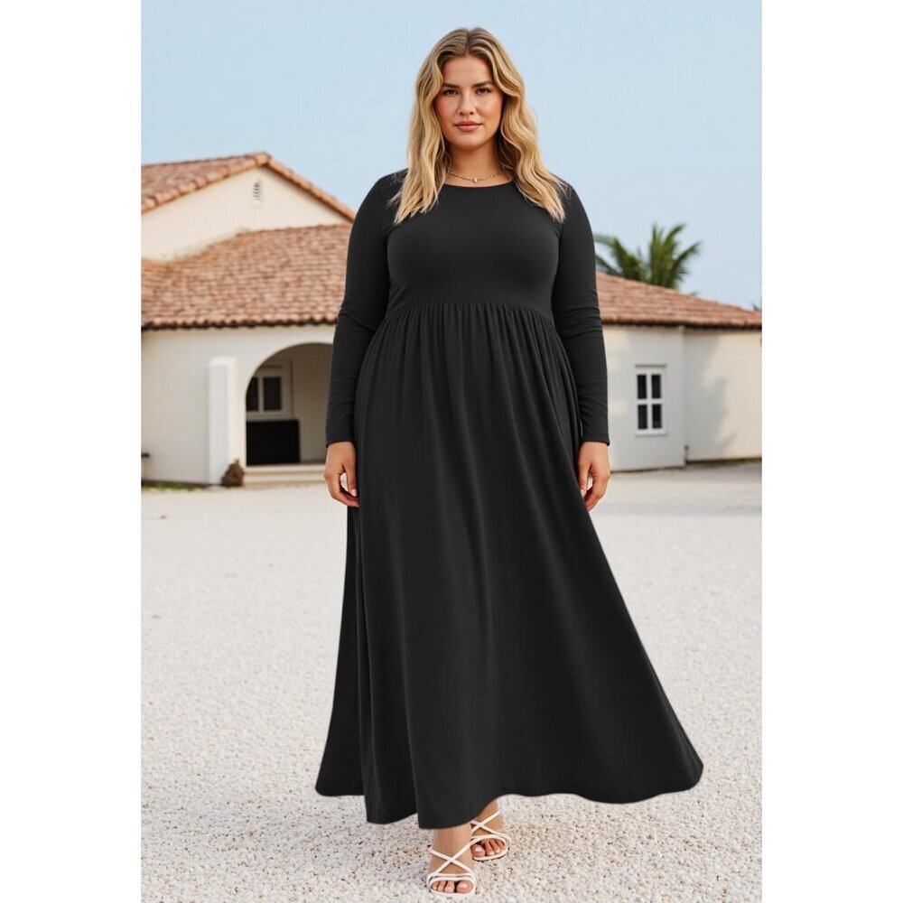 Plus Size Maxi Dress Long Sleeve Pockets Casual Fall Comfortable - Picture 2 of 7
